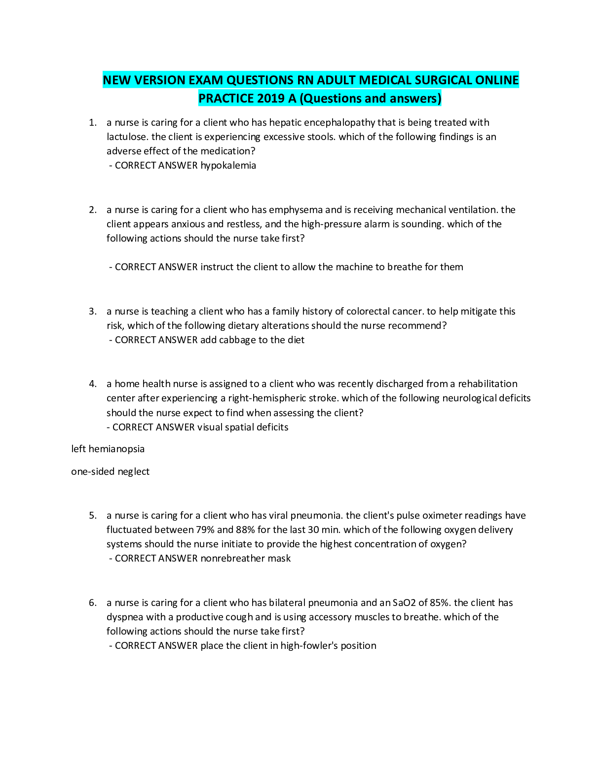 NEW VERSION EXAM QUESTIONS RN ADULT MEDICAL SURGICAL ONLINE PRACTICE